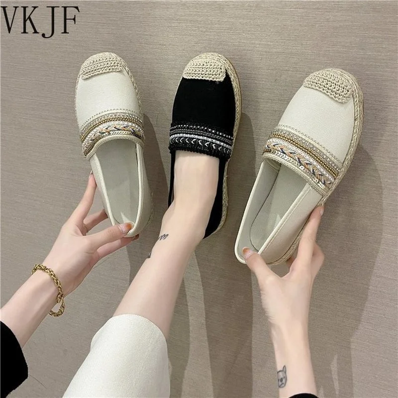 

2022 Canvas Shoes Women Weave Sneakers Loafers Flats Woman Moccasins Hemp Thicken Soled Pearl Espadrilles Female 2022