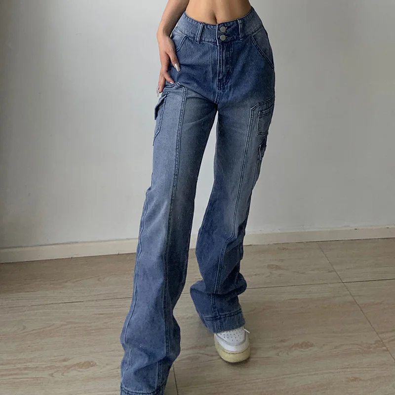 Street High Waist Straight Casual Jeans Women's Autumn Fashion Personality Versatile Irregular Pockets Workwear Floor Pants