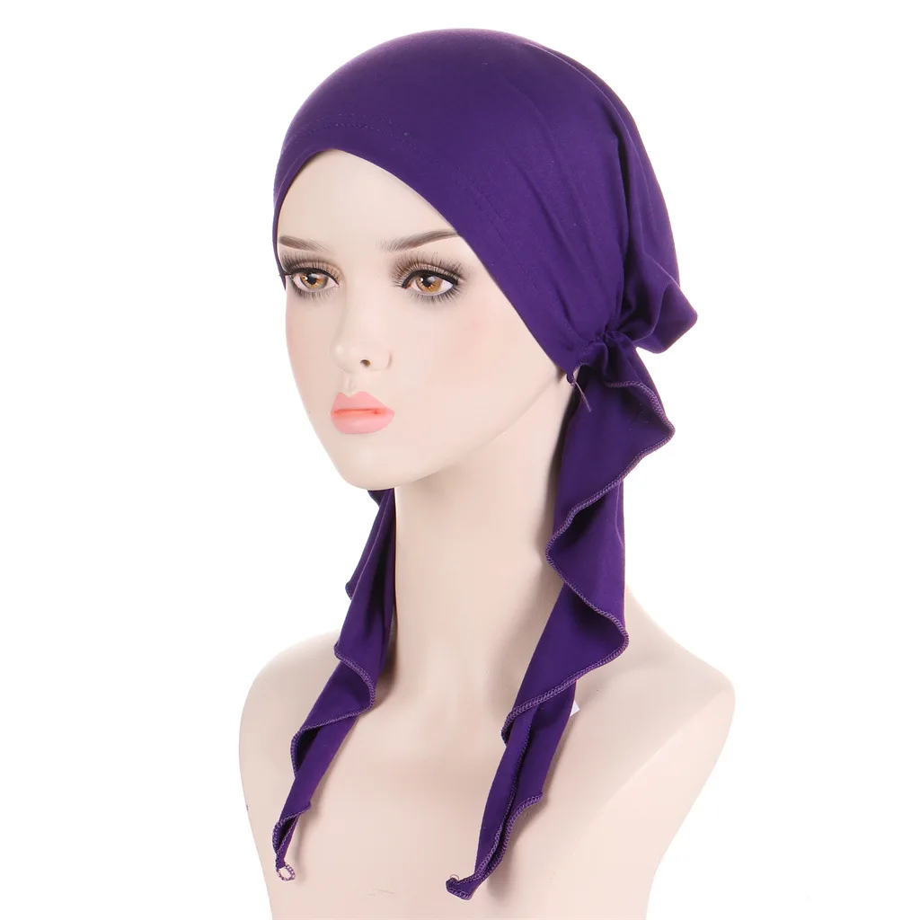 

Female Stylish Baotou Cap Muslim Solid Color Two Tails Drawn Hat Simple All-match Hijabs Hats Turban Head Wide Band Wrap 2022