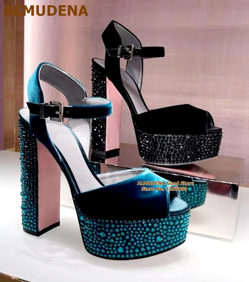 ALMUDENA Seagreen Blue Sparkly Crystal Chunky Heel Sandals Bling Bling Rhinestone Platform Velvet Wedding Shoes Luxury Pumps