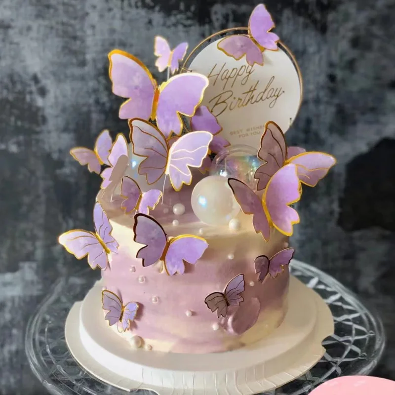 Stamping Gold Pink Butterfly Cake Toppers Princess Girl Wedding Happy Birthday Party Decor Dessert |