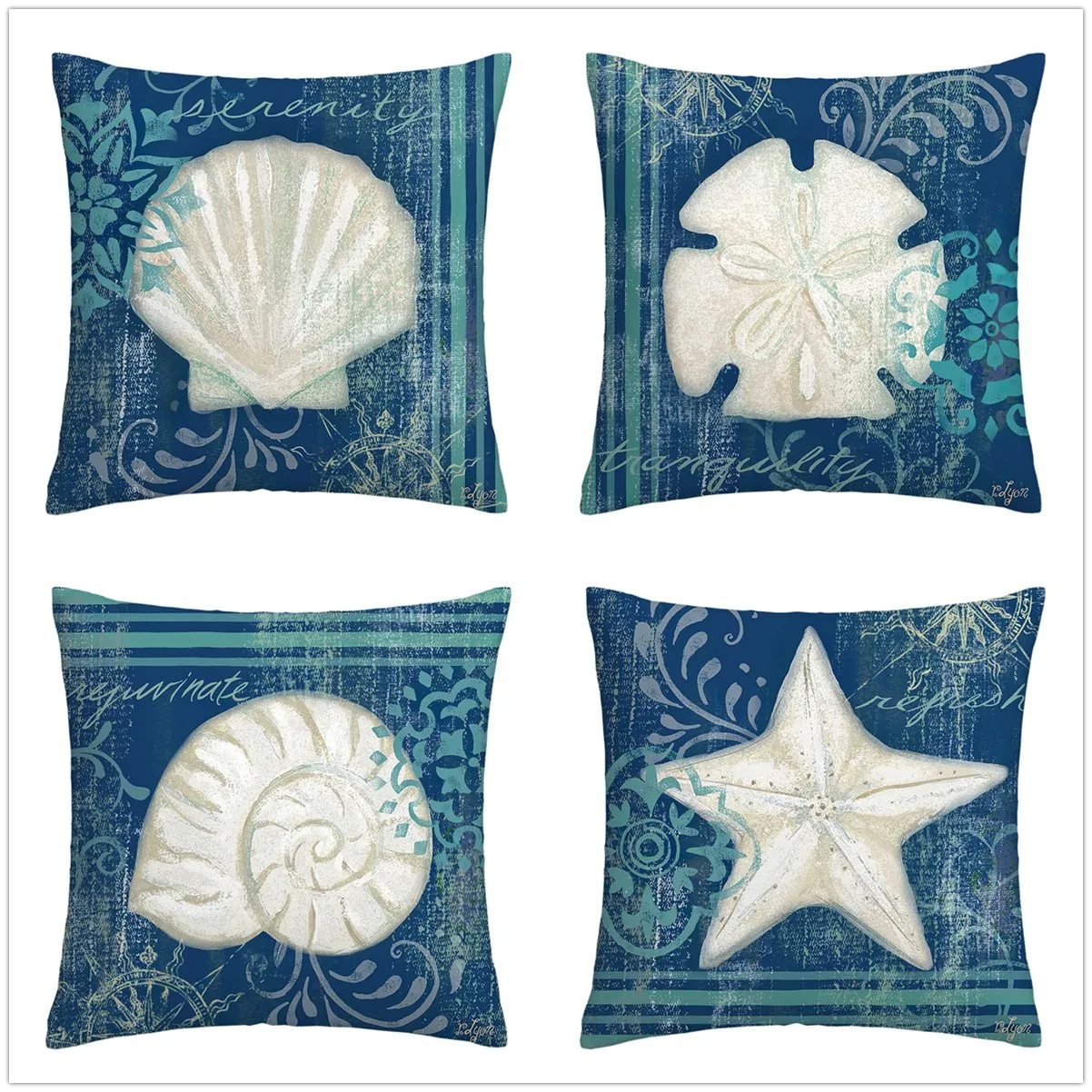 

Shell Creature Painting Blue Linen Pillow Cover Decoration Living Room Sofa Decoration Cushion Cover Home Decor Cushion Cover