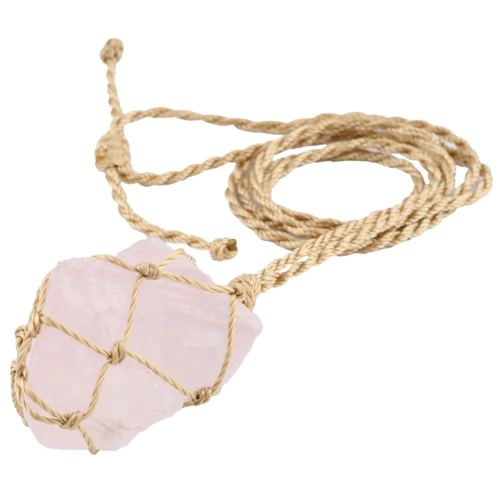 

SUNYIK Natural Rose Quartz Raw Rough Crystal Pendant Hemp Cord Wrapped Adjustable Necklace Chakra Healing Irregular Jewelry
