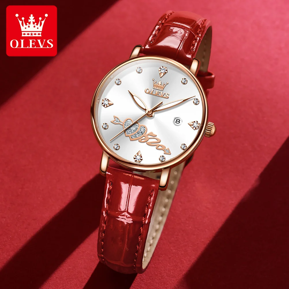OLEVS 5509 Genuine Leather Strap Fashion Women Wristwatch Diamond-encrusted Trendy Quartz Waterproof Watch for Women Calendar enlarge