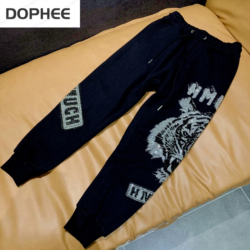 New Spring Autumn Terry Female Sweatpants Trendy Black Long Trousers Streetwear Hot Drilling Stretch Waist Full Length Pants