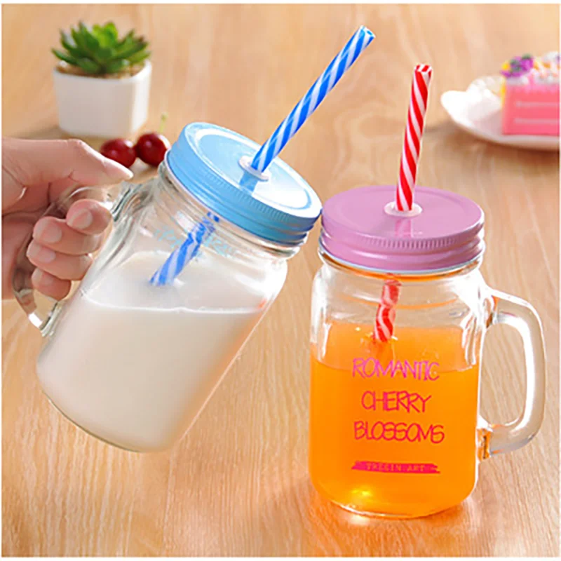 

Lemon Bottle With Cover Straw Colorful Transparent Glass Fruit Juice Milk Mug Cool Drink Drinkware Sport Water Bottle