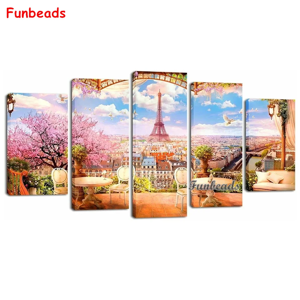 

5 pcs diamond painting multi panel Paris Villa garden stitch cross diamond embroidery full drill Spectacular landscape GG157 002