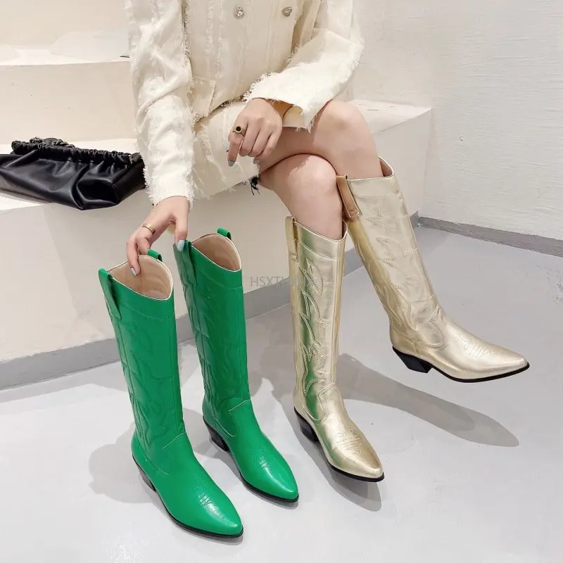 

Green Retro Handwork Embroidery Women Knee High Boots Autumn Winter Zipper Female Shoes Western Cowboy Botas De Mujer