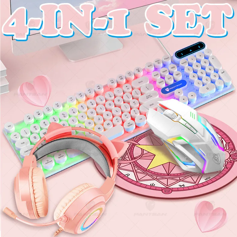 

4 In 1 Pink Girl Keyboard&Mouse&Headset&Mouse Pad Pink USB Wired Gaming Office Cute Keyboard Gaming Computer Full Set