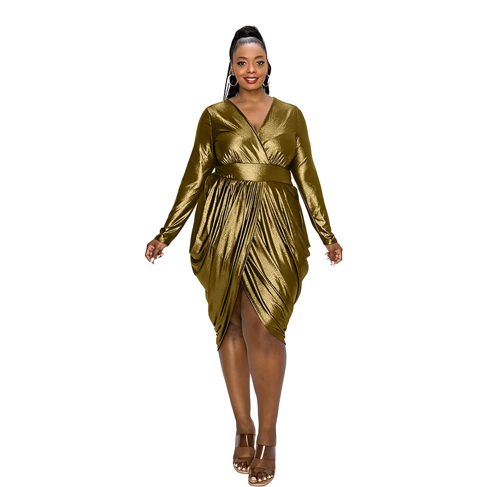 Plus Size Sexy Bronzing Pleated Bodycon Dress V Neck Long Sleeve Irregular Skinny Night Club Short Vestidos 2022 Female Clothing