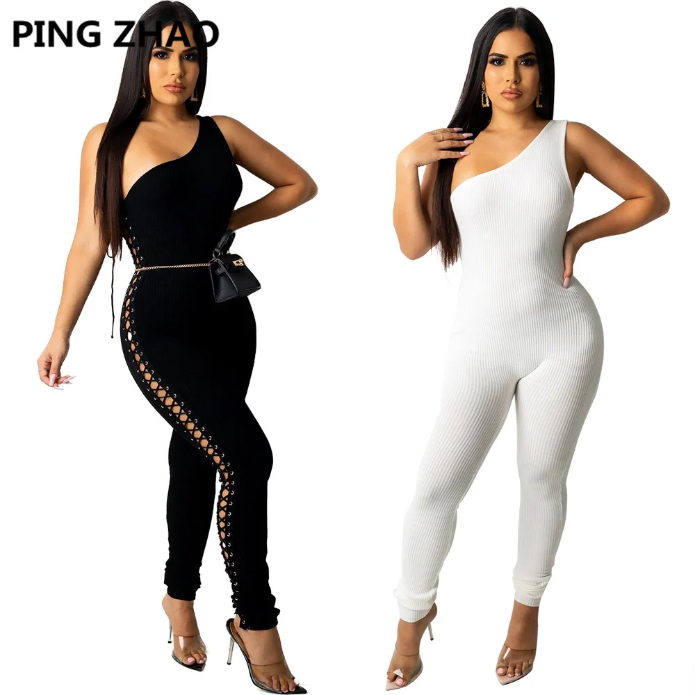 

Женский однотонный Облегающий комбинезон-карандаш PING ZHAO с вырезами, пикантные Комбинезоны на одно плечо, модная одежда, лето 2022
