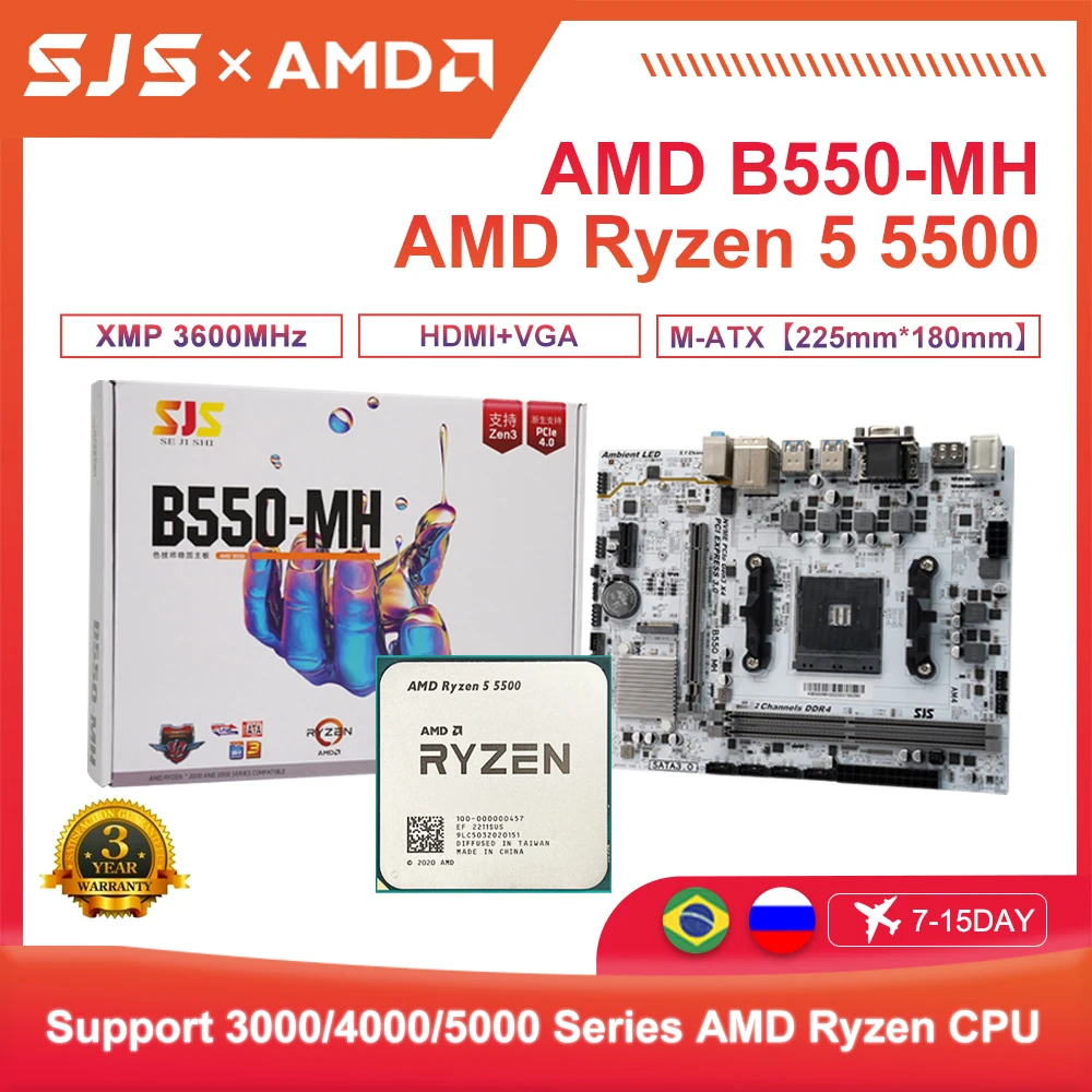 

AMD New Ryzen 5 5500 R5 5500 3.6 GHz 6-Core 12-Thread CPU + SJS New AMD B550M Motherboard Micro-ATX B550 DDR4 64G Socket AM4