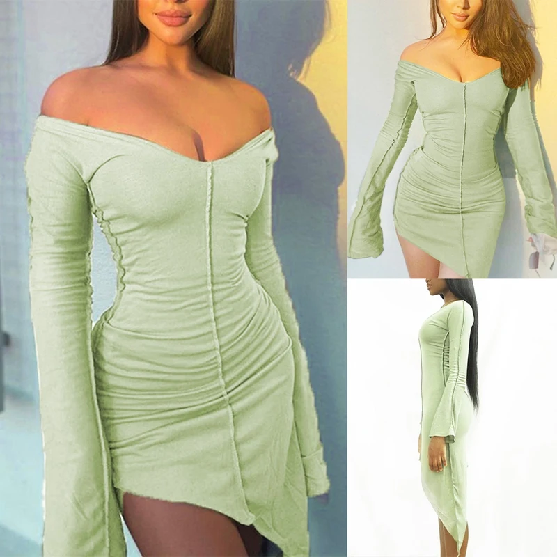 

Women's Fashion Sexy Flare Sleeve Low Cut Big Round Neck Slim Dress Green