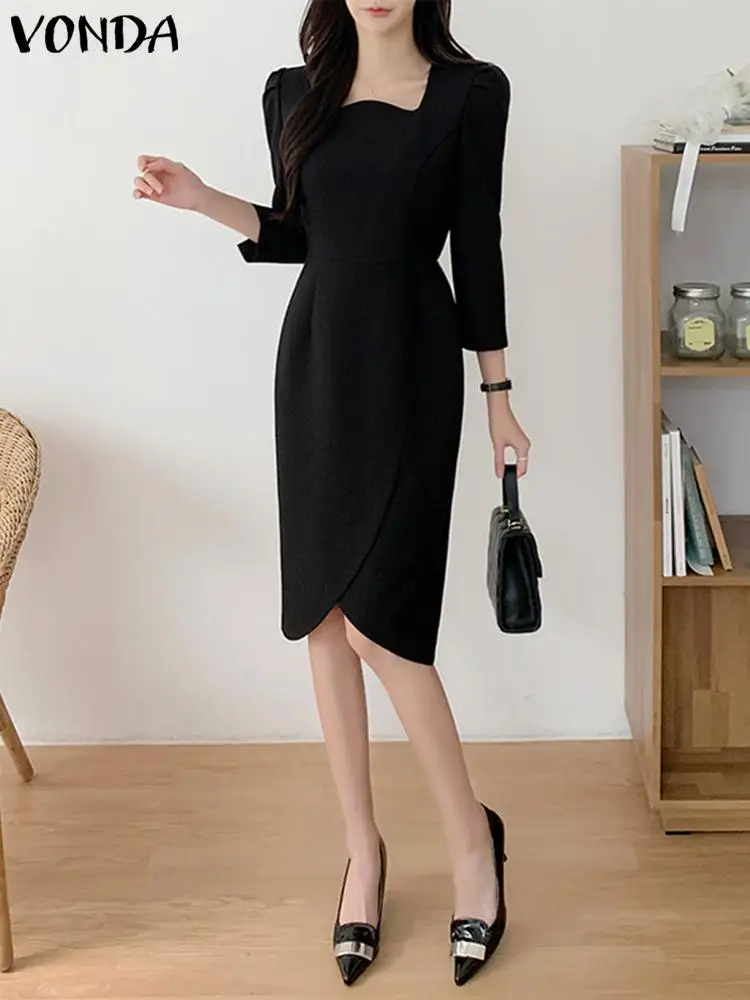 

Women Elegant Dress 2023 VONDA Office Sundress Casual Solid Color Knee-Length Party Dress Holiday Vestidos Femme Robe