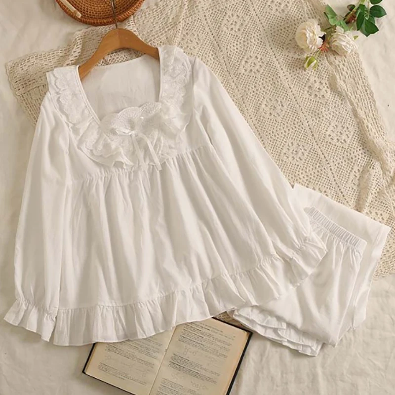 

Victorian Korean Pajamas Women Spring Pure Cotton Princess Ruffles Long Sleeve Loungewear Vintage Sleepwear Kawaii Two Piece Set