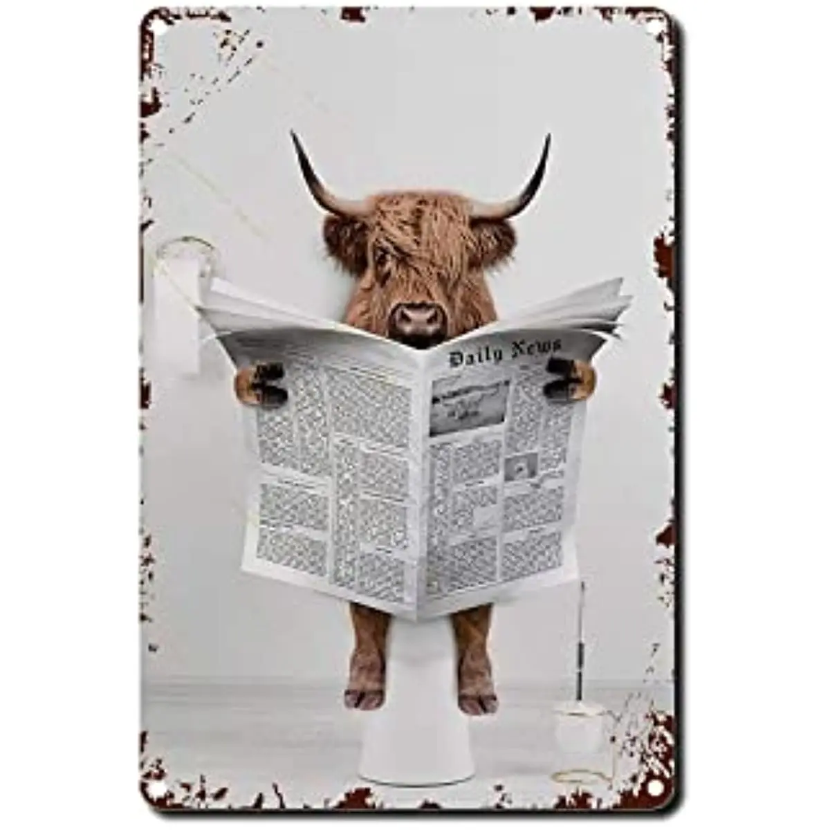 

Tin Sign Scottish Highland Cow In Toilet Reading Newspaper Bathroom Humour Funny Bathroom Animal on Toilet Whimsy Animal Signs