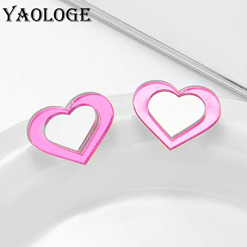 

YAOLOGE Pink Mirror Heart Shape Stud Earrings For Women 2022 New Fashion Acrylic Ear Jewelry Gifts for Party Best Friend серьги