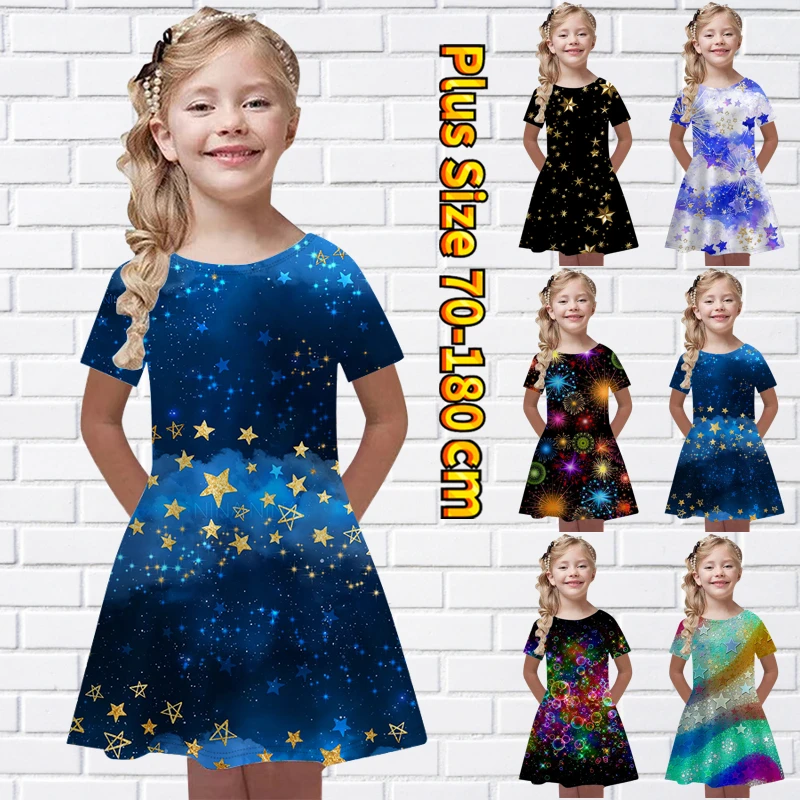 

Юбка с круглым вырезом и коротким рукавом для маленьких девочек, милая летняя юбка принцессы, юбка миди с принтом звезд, Повседневное платье...