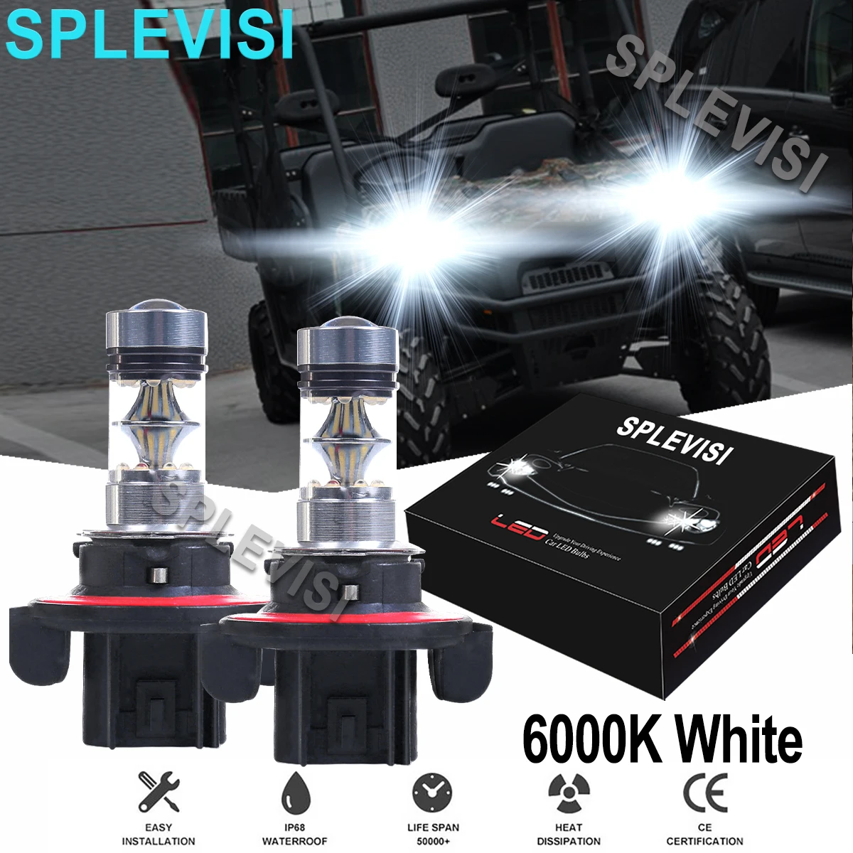 1x100W 6000K White Headlights Hi Low Beam  For Polaris Trail Blazer 330 2010-2013 General 1000 2016 -2018 2019 2020 2021 2022