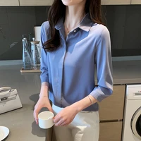 2022 summer new design white shirts for women korean fashion office lady clothing chiffon polo neck three quarter casual shirts