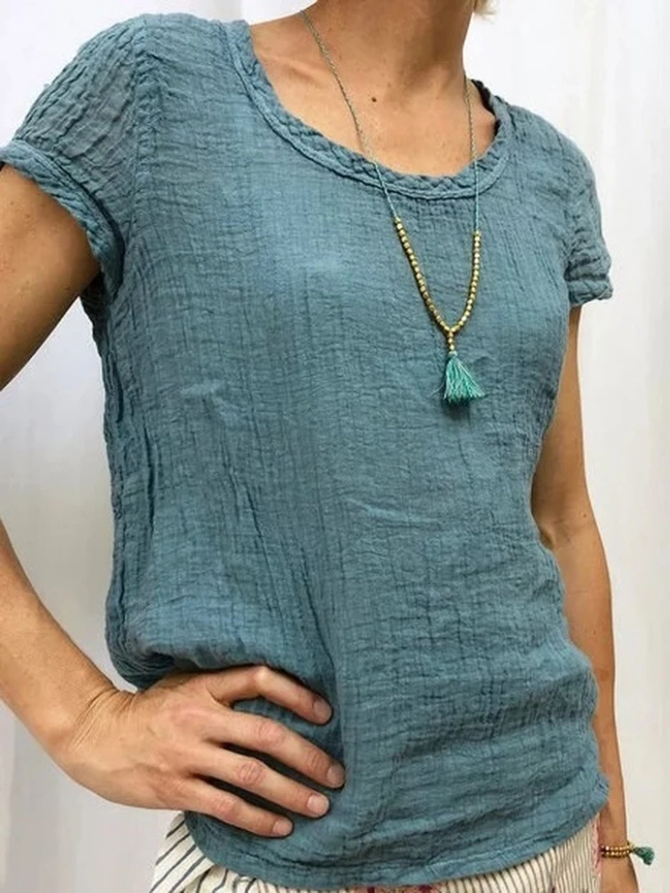 

Women Short Sleeve Pure Cotton Blouse Casual O Neck Double Layer Pleated Cloth Fashion Shirt Ladies Tops Blusas Mujer