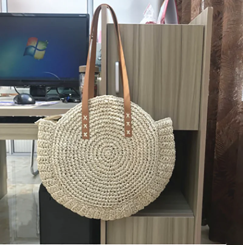 

Round Straw Beach Bag Vintage Handmade Woven Shoulder Raffia Circle Rattan Bohemian Summer Vacation Casual