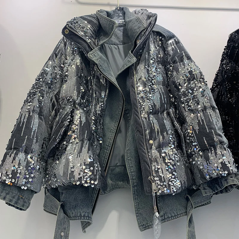 

Heavy Sequined Denim Coat Women High Street Fashion Splicing Stand Collar Thicken Warm Puffer Jacket Casacos De Inverno Feminino