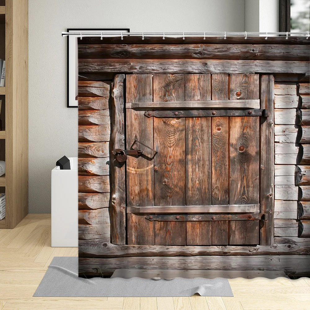 

Занавеска для душа в винтажном стиле, деревянная дверь в деревенском стиле, старый сарай, Сельская жизнь, ткань для ванной комнаты, декоративный набор с крючком, коричневого цвета