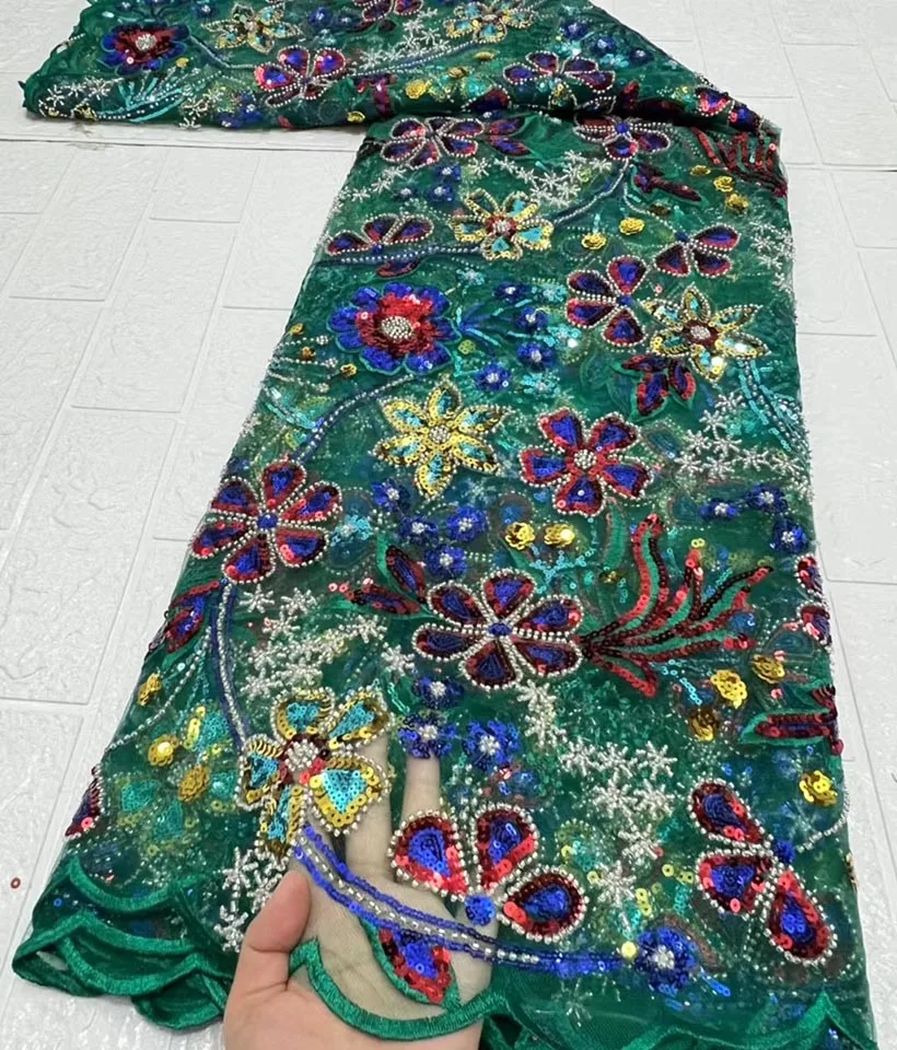 

2022 African French Mesh Lace Fabric with Beads and Color Sequins High Quality Nigerian Green Women Wedding Dress Tulle Net Lace