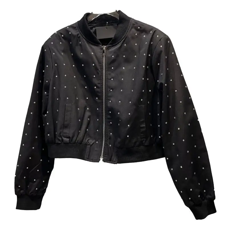 

Shinny Rhinestone Coat for Women 2022 Spring New Classic Style Zipper Baseball Uniform Jacket Short Top Femme Outwears