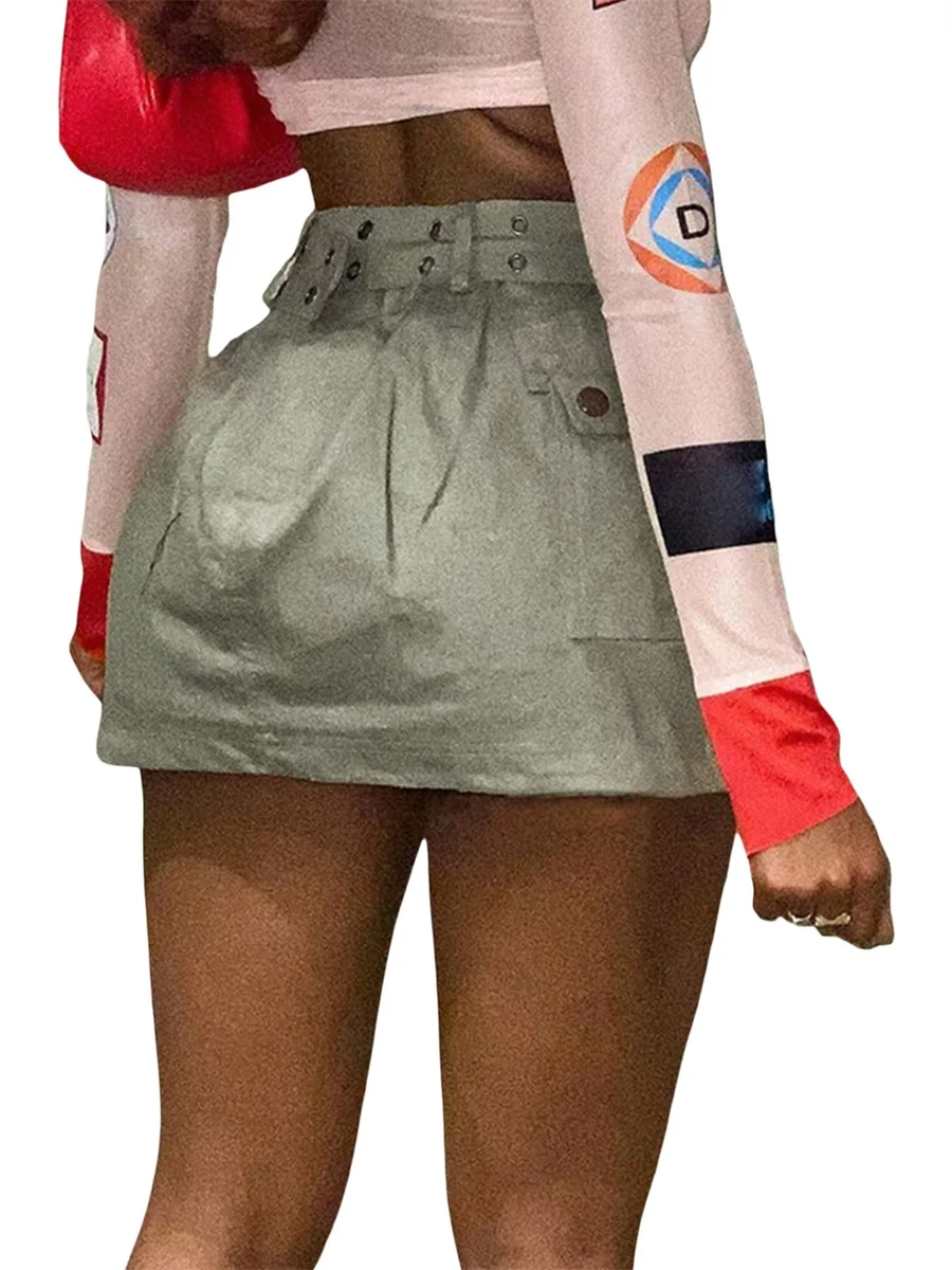 

Women Cargo Mini Skirt Baggy High Waist Vintage Aesthetic Retro A-line Skirt with Grommet Belt with Pockets Short Skirt