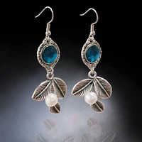 trendy women earrings carving leaf earrings vintage silver color inlaid blue zircon crystal wedding drop earrings jewelry