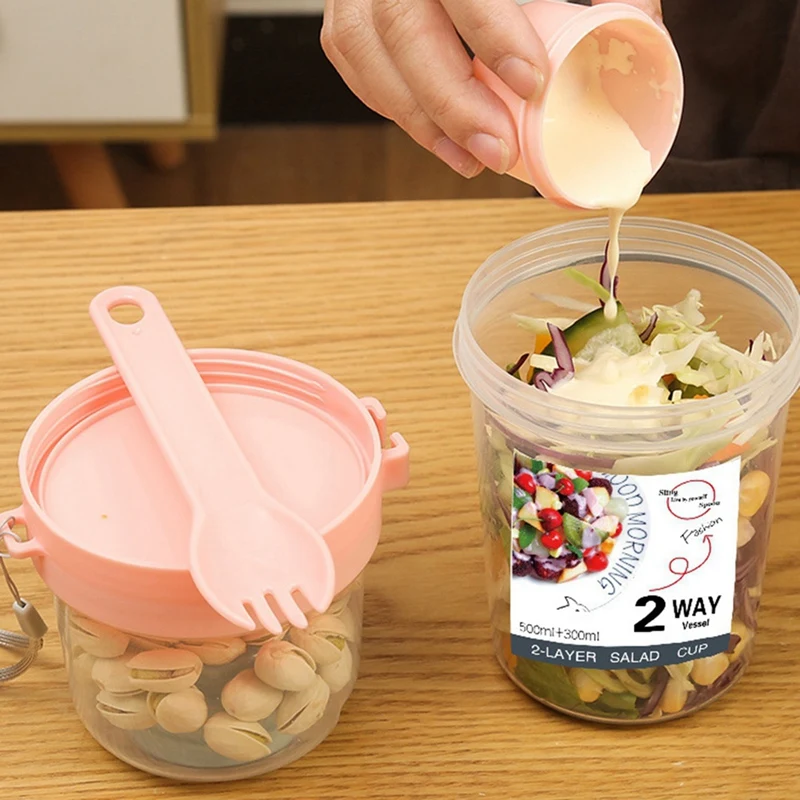 Чашка для салата из фруктов и йогурта завтрака с крышкой двухслойная ложка