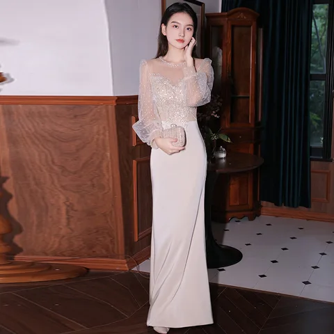 Женское вечернее платье-Ципао с длинным рукавом, элегантное платье в стиле принцессы с юбкой-годе