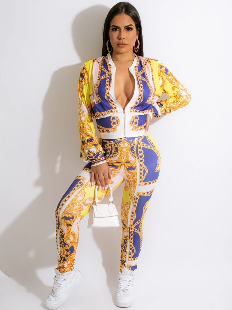 

2 Piece Set Women Set Flower Print Long Sleeve Zipper Jacket Tops And Pant Suits Sheath Matching Fashion Outfit Spring Autumn
