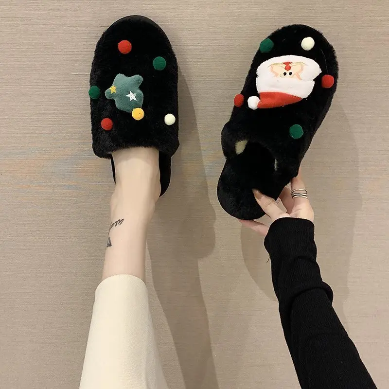 Fujeak New 2022 Christmas Slippers Women Men Indoor Warm Slipper Soft Plush Home Floor Non Slip Lovers Winter Platform Shoes