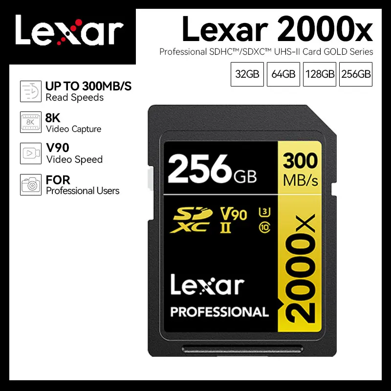 

Lexar SD Card 32GB/64GB/128GB/256GB Memory Card Professional 2000x UHS-II Card GOLD Series 8K Video Capture C10 U3 V90