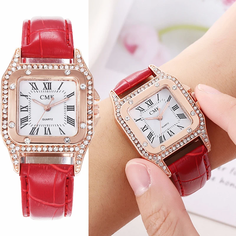 

New Fashion Women's Full Diamond Square Case Roman Scale Quartz Women's Student Belt Watch