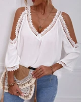 2022 summer shirt tops sexy fashion women shirt contrast lace cold shoulder top casual