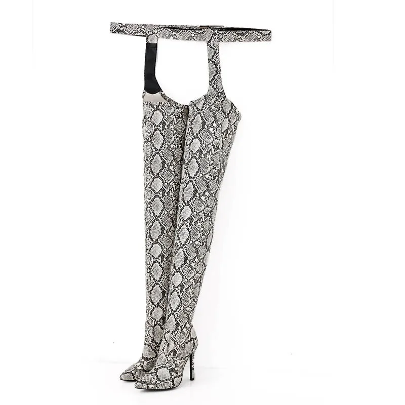 NightClub Dance Booties Sexy Pointed Toe Over Knee High Heel Women Shoes Big Size 35-43 Fashion Black Leather Jazz Dance Shoes