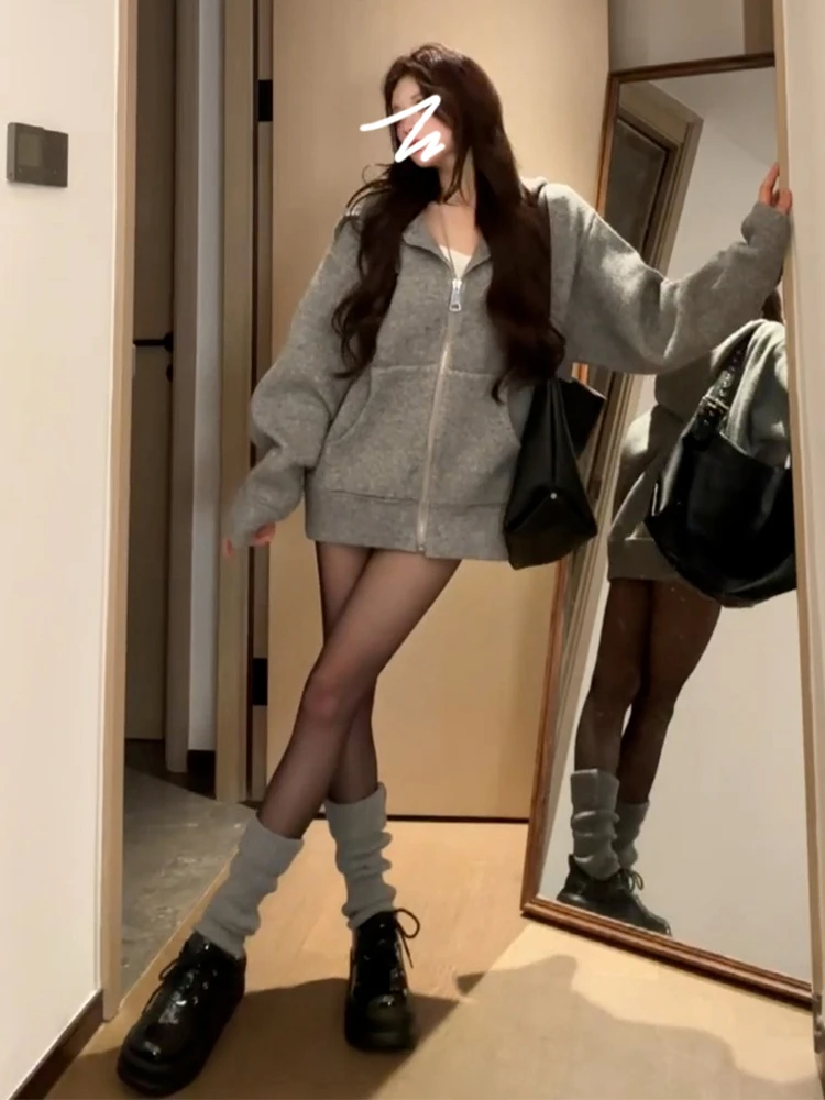 2024 New Gray Hood Knit cardigan Sweater Outerwear Women Autumn and Winter High-Grade Loose Zip-up Thick Upper Garment