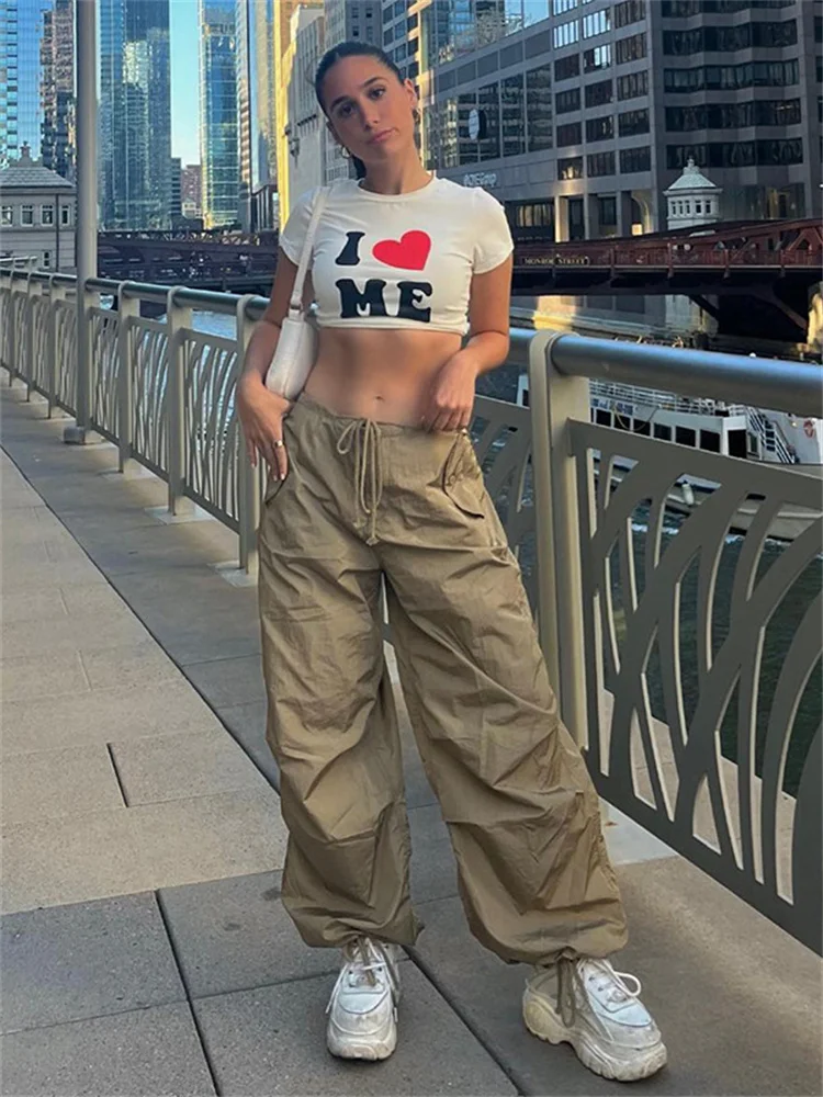 

Drawstring Solid Cargo Pants Floor Length Streetwear Women Elastic High Waist Casual Loose Trousers Long Straight Leg Sweatpants