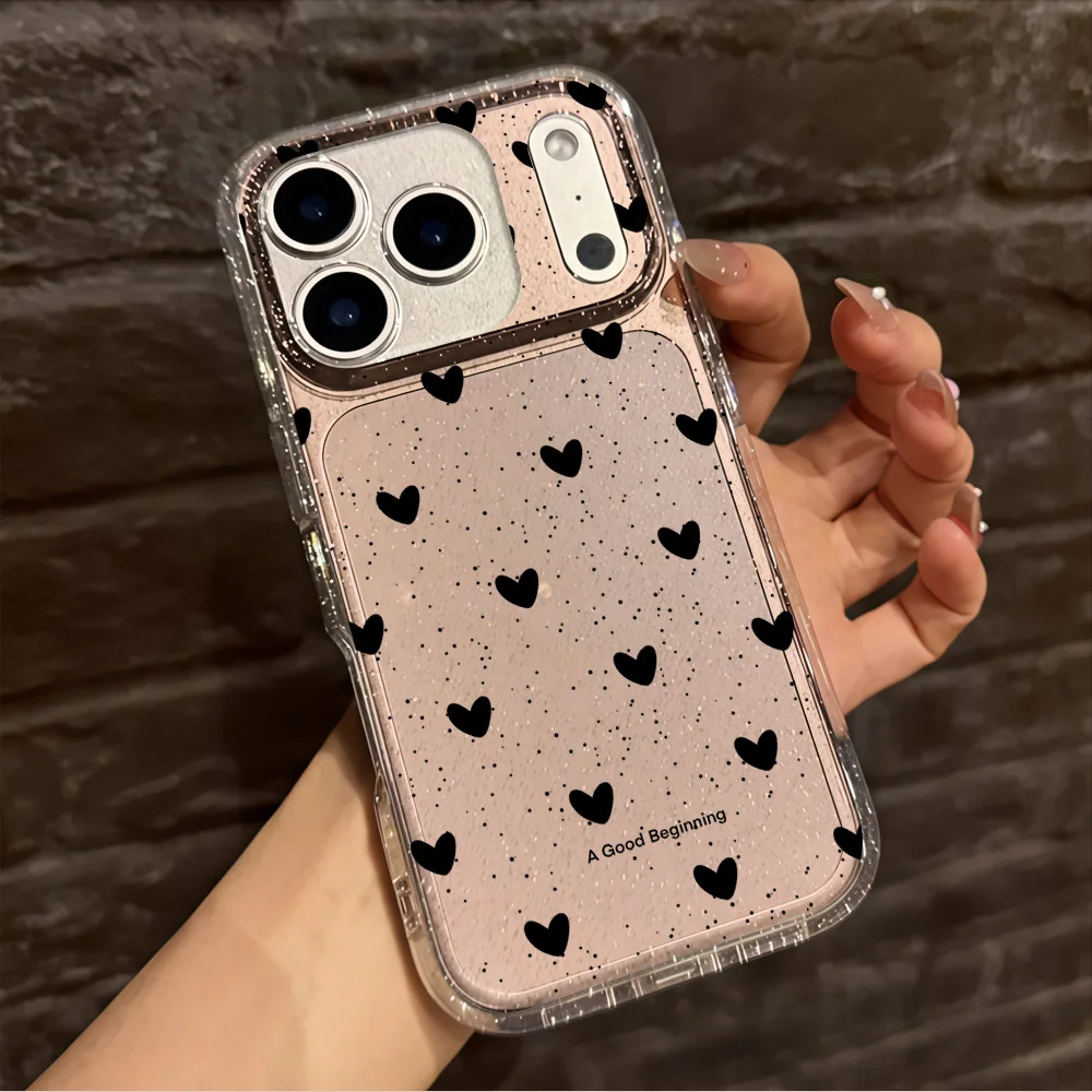 Прозрачный чехол для телефона с розовыми сердечками и блестками для iPhone 17, 13, 16, 15, 11, 12, 14 Pro Max, 17 Air, XR, X, 16e – Мягкий противоударный чехол из ТПУ (art.: 3920da2e482c5) - 3920da2e482c5
