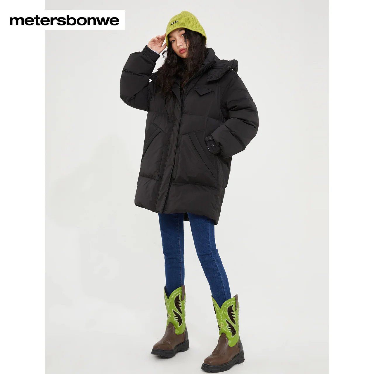 Metersbonwe Women's 22New Winter Women's Triangular Pocket Long Hooded Down Jacket Medium Length 80%Duck Down Thick Warm Wear