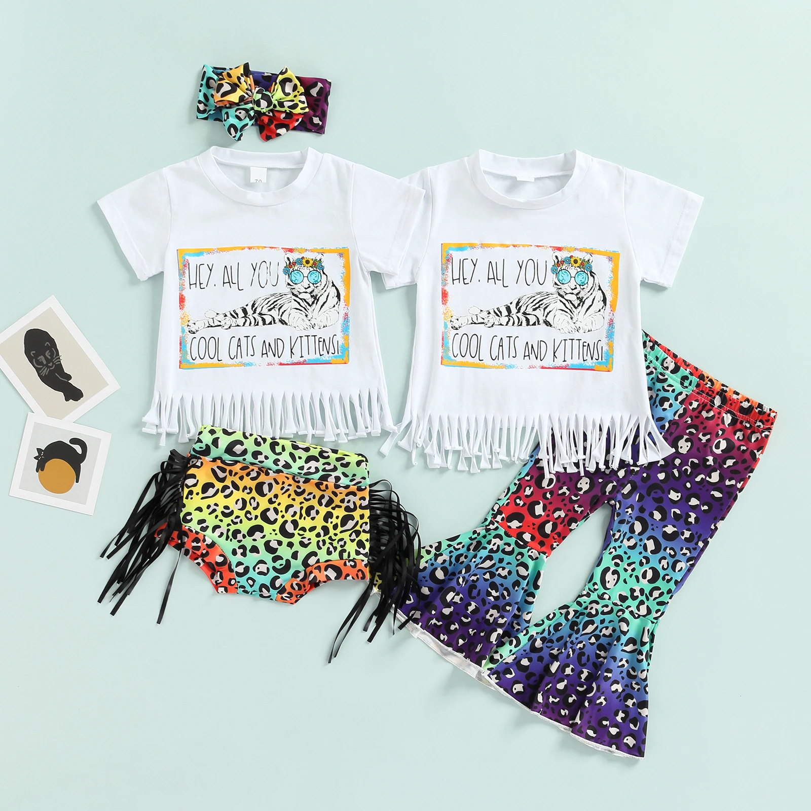 

Baby Girls Sisters Matching Clothes Outfits Animal Letter Print Tassel Hem Tops Leopard Print Shorts with Headband Flare Pants