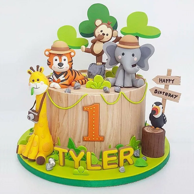

Woodland Animals Cake Decor Happy Kids Birthday Party Supplies Giraffe Tiger Monkey Elephant Jungle Safari Party Cake Topper
