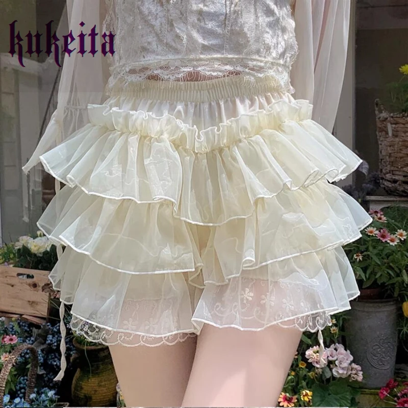 Милые кружевные шаровары в японском стиле Лолита с оборками женские милые брюки