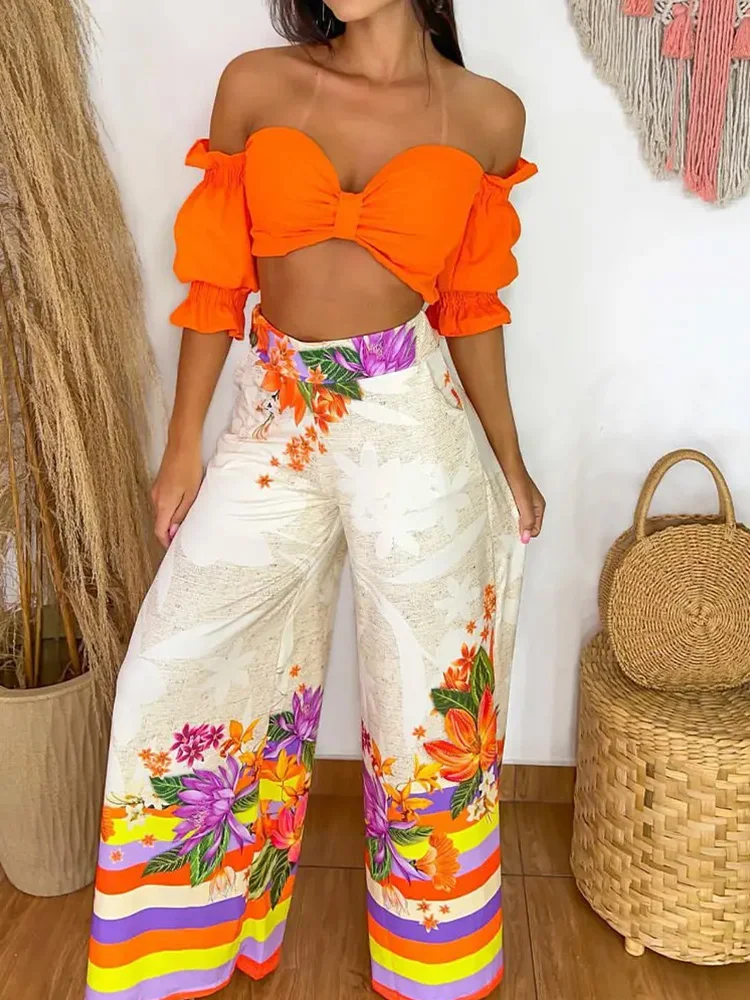 

2022 New Women Set Crop Top Off Shoulder Solid Color and Striped Floral Print High Waist Wide Leg Pants Set Summer