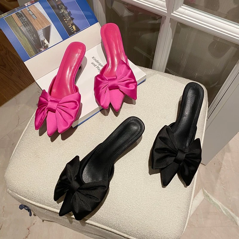 

Spring 2021 New Bow Pointy Heel Slippers Baotou Half Drag High Heel Women's Sandals