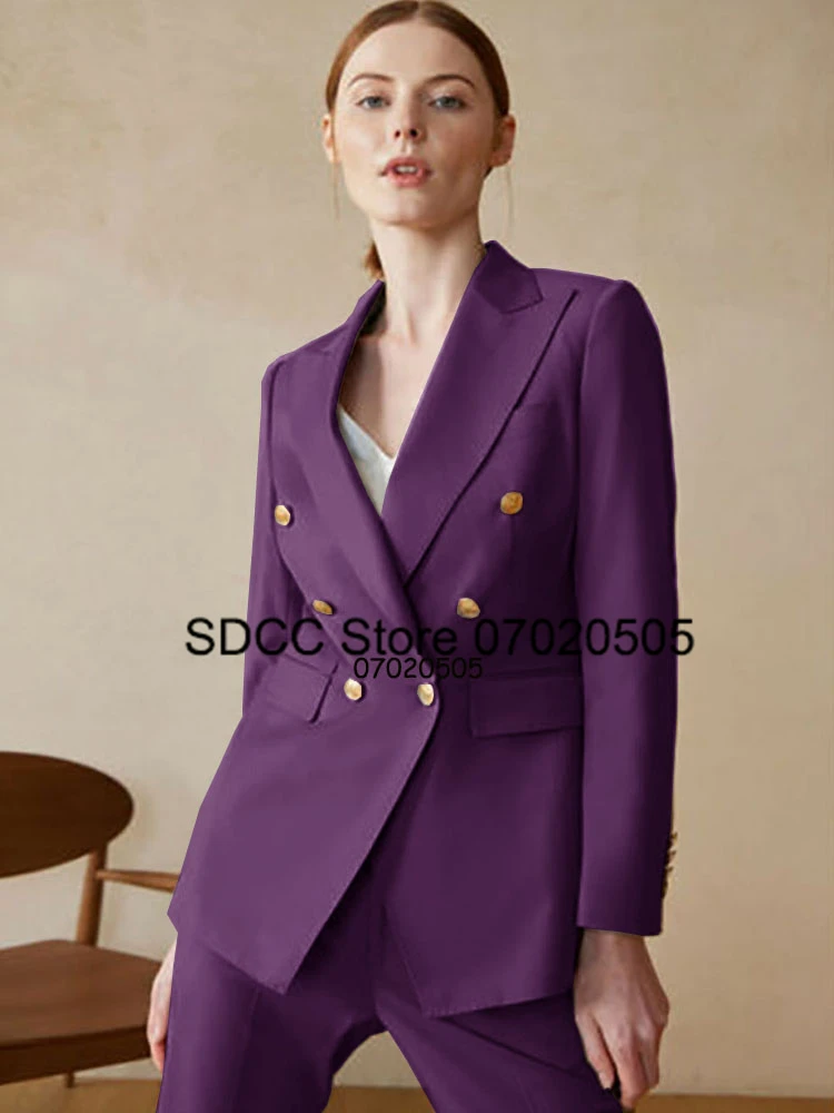 Women's Suit Double Breasted Lapel Tailor 2 Piece Casual Party Office Purple Jacket + Trousers